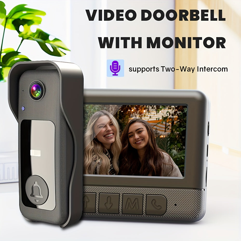 Wireless doorbell camera with monitor featuring sleek black design, HD night vision, two-way audio, photo & video recording, touchscreen & app control, voice changing feature, and easy