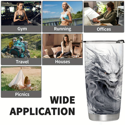 Stainless steel tumbler featuring a 3D dragon design, leak proof and BPA free. Vacuum insulated for outdoor activities. Ideal gift for holidays and birthdays.