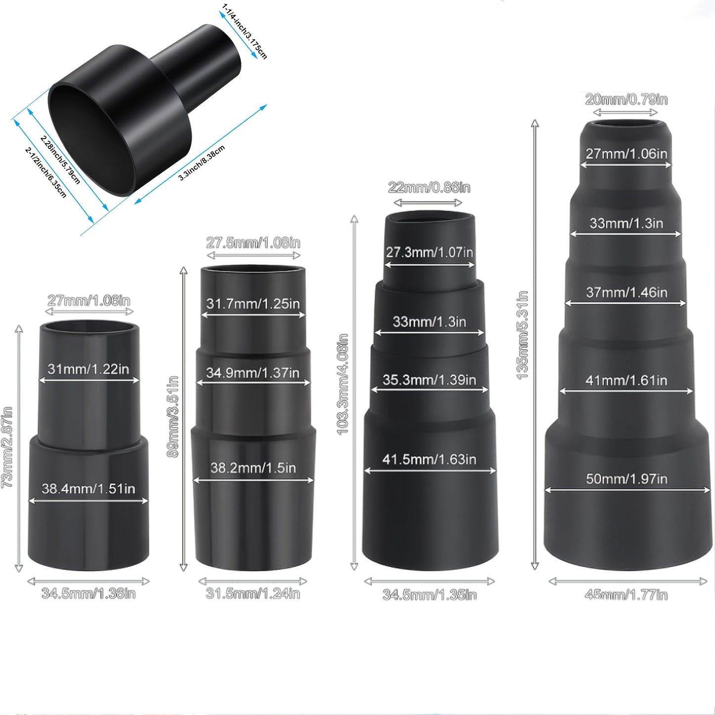 5-Piece Shop Vac Hose Adapter Set - Fits a Range of Sizes from 6.35cm to 3.81cm, 3.51cm to 4.45cm, and Beyond