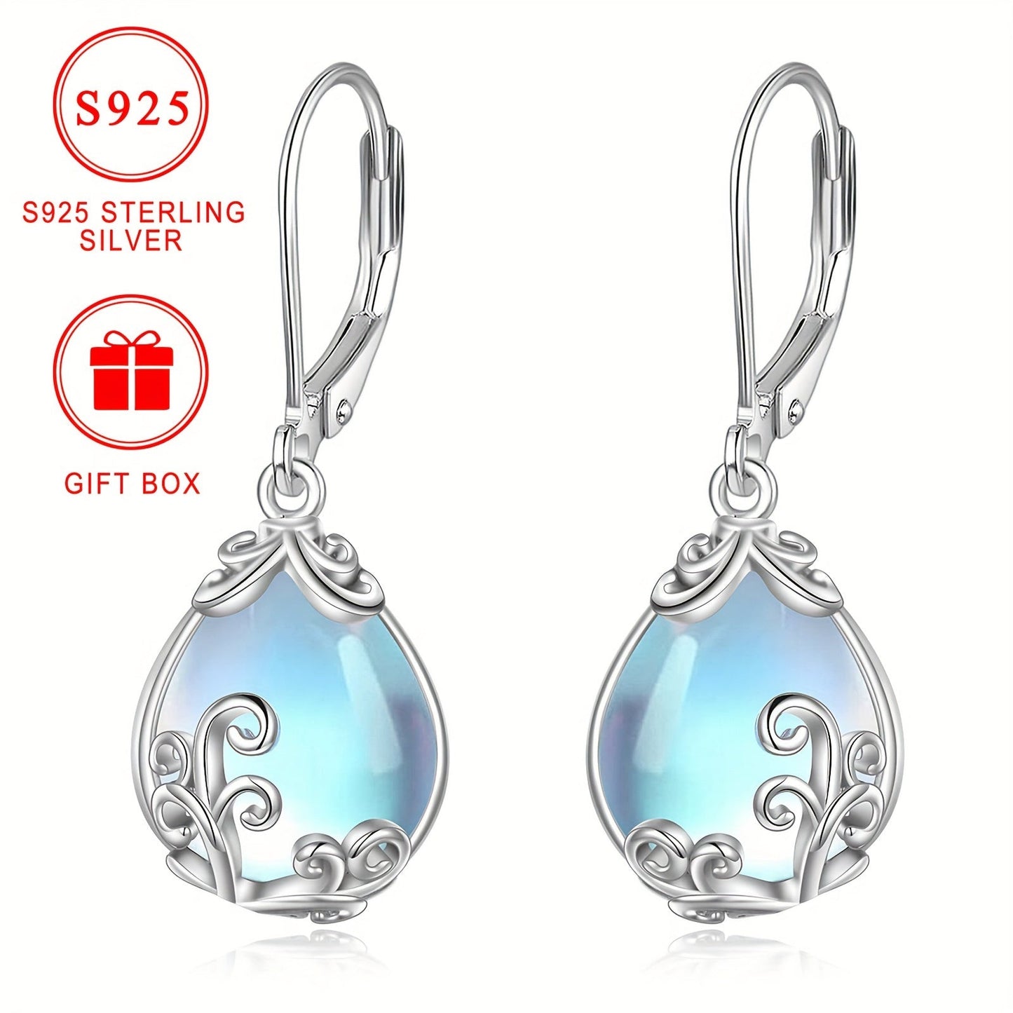 Sterling Silver Drop Earrings with Synthetic Moonstone Teardrop and Floral Design, Silver Plated, Hypoallergenic, Perfect for Women for Special Occasions, Comes in Gift Box.