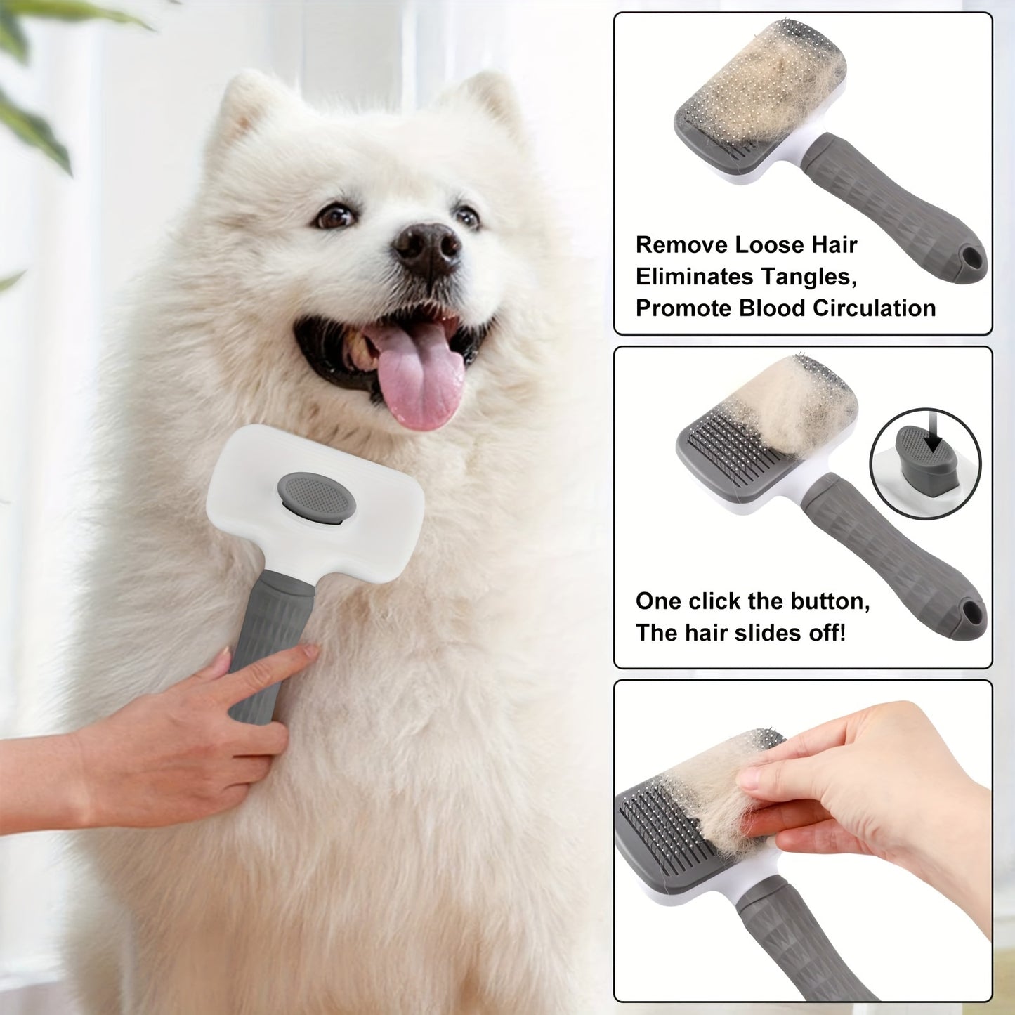 1pc Easy-Clean Pet Grooming Brush for Dogs & Cats - Gentle deshedding massage comb with one-click hair removal, plastic handle, ideal for loose undercoat, dog grooming.