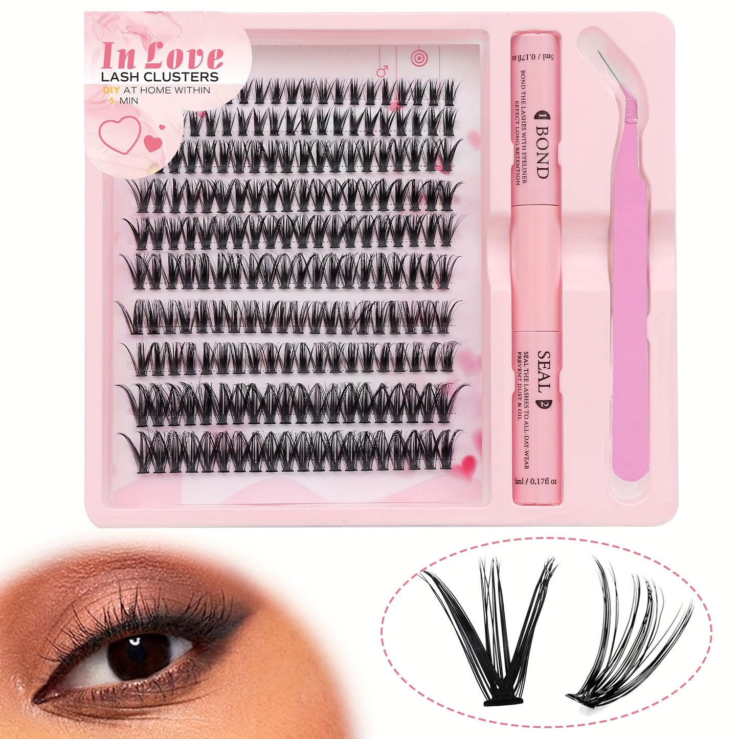 Mega Lift InLove Pink Series Lash Kit: 200 C-Curl false eyelash clusters, 10-16mm, hypoallergenic, easy to apply, and travel-friendly.