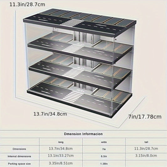 Black PVC 1:64 Scale Model Car Garage Display Case with manual operation and transparent dustproof cover. Features LED lighting, parking lot scene, and stereo model car storage. Perfect for