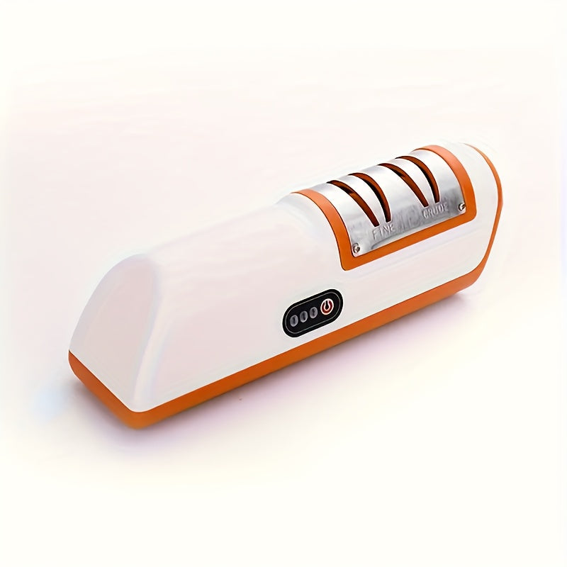 Portable and efficient electric knife sharpener with 2-speed settings. This USB rechargeable kitchen gadget automatically sharpens various knives with its built-in lithium battery. Made of durable ABS material, it is ideal for camping, picnic, and