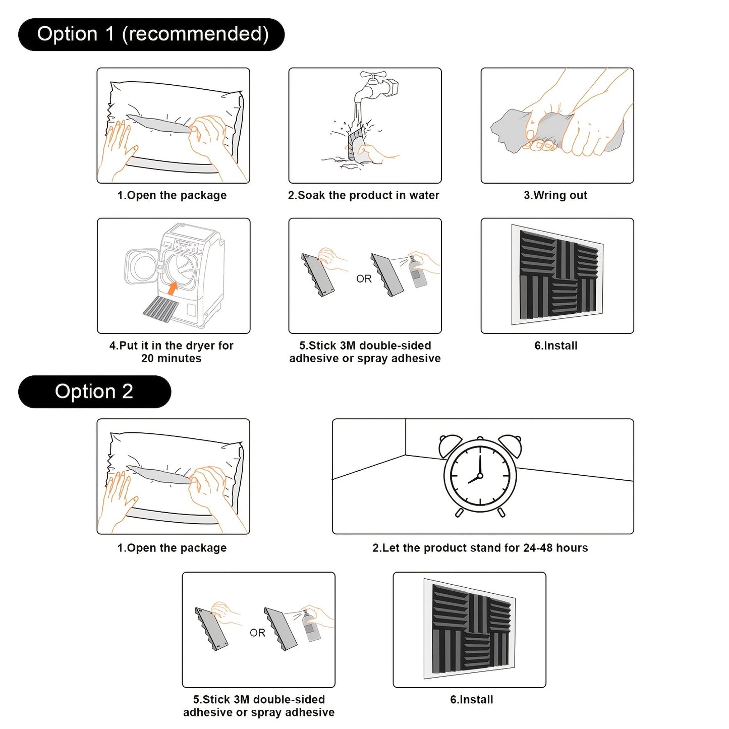 Acoustic foam panels in varying quantities and sizes, with double-sided adhesive for soundproofing, in black, for recording equipment accessories and noise reduction.