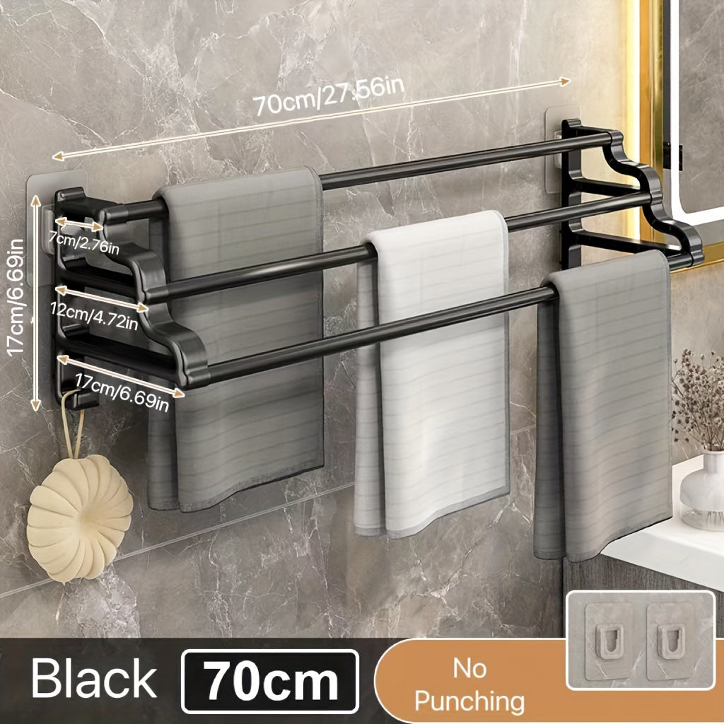 No-installation needed towel rack with dual bars, hooks for towels and durable plastic material, saving bathroom space.