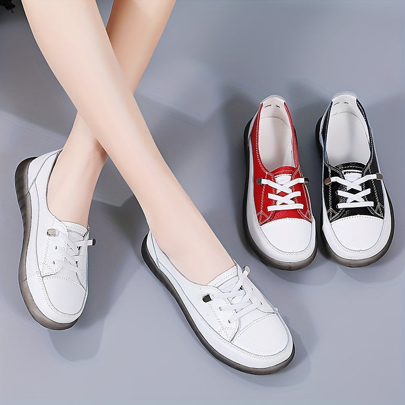 Women's Genuine Synthetic Leather Sneakers in White, Red, and Black options. Lightweight, non-slip, soft sole for all-season casual wear. Classic lace-up design with durable PVC sole.