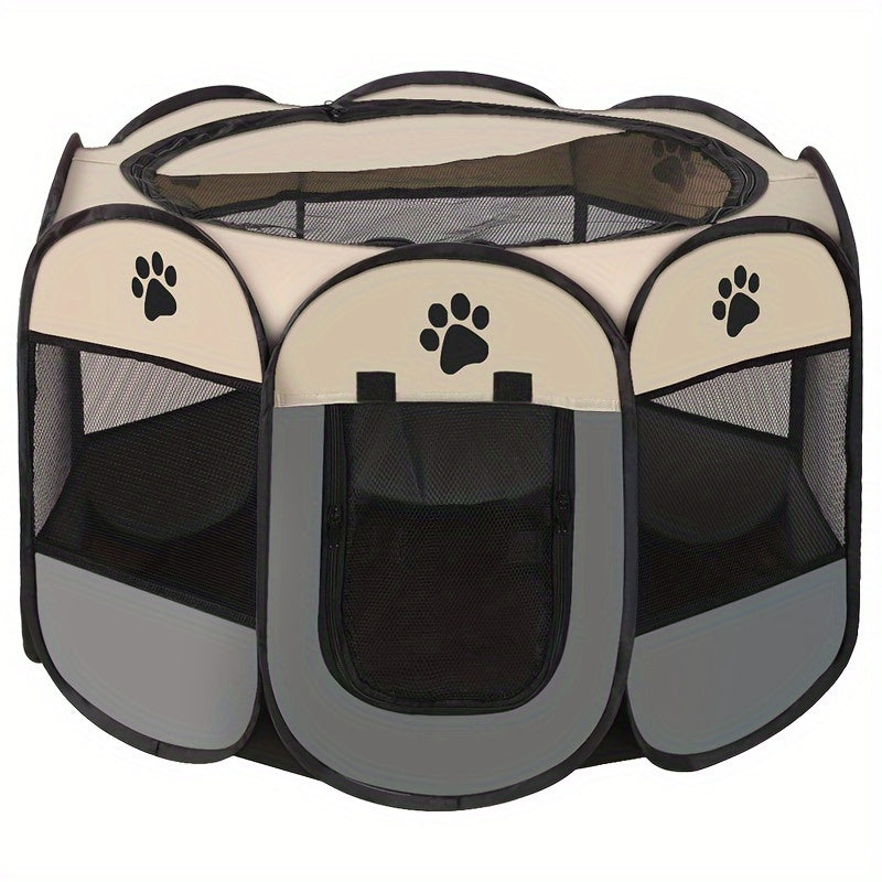 1pc portable Lodge Style Foldable Pet Playpen made of Oxford Cloth with Paw Print Design, easy to assemble and ideal for pets.