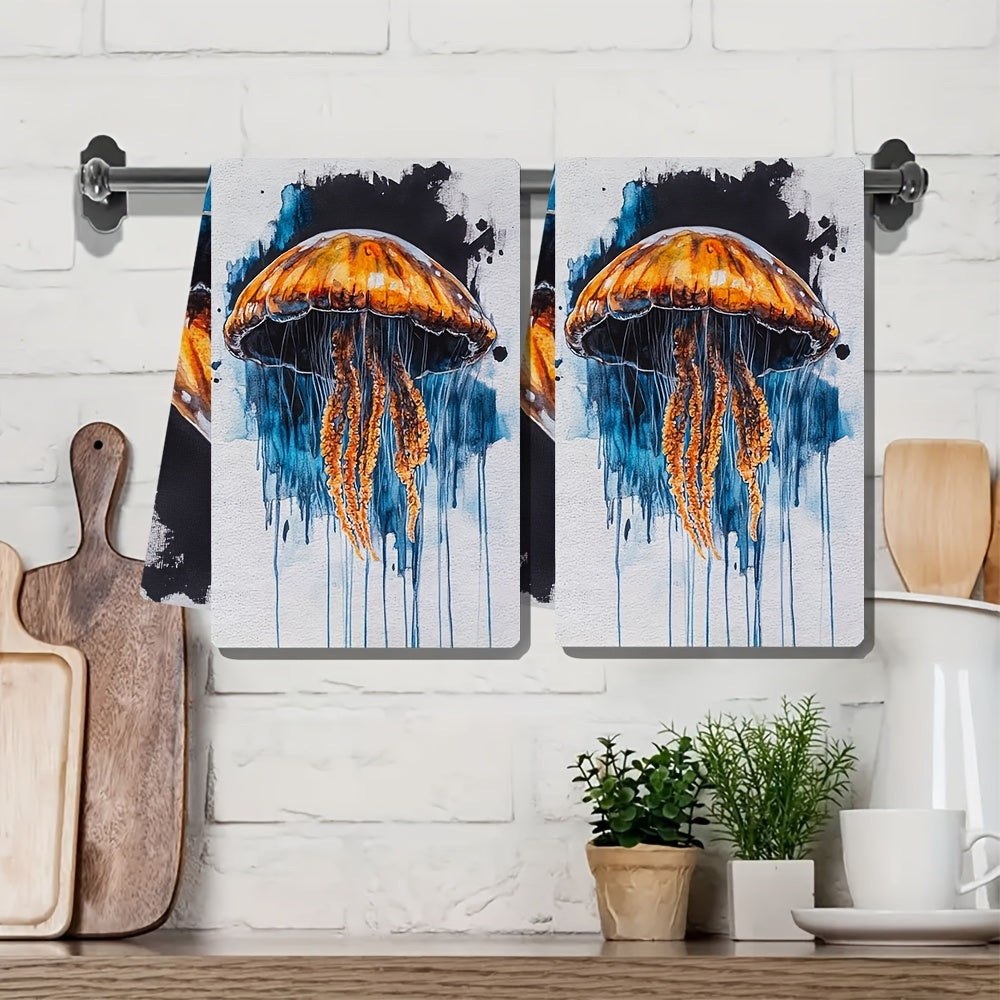 Two pieces of Coastal Jellyfish Design Kitchen Towels made of super absorbent polyester knit fabric. These towels are machine washable and feature a contemporary style. Each towel measures 40.64x60.96 cm. Product code: 2KYSYS1218333.