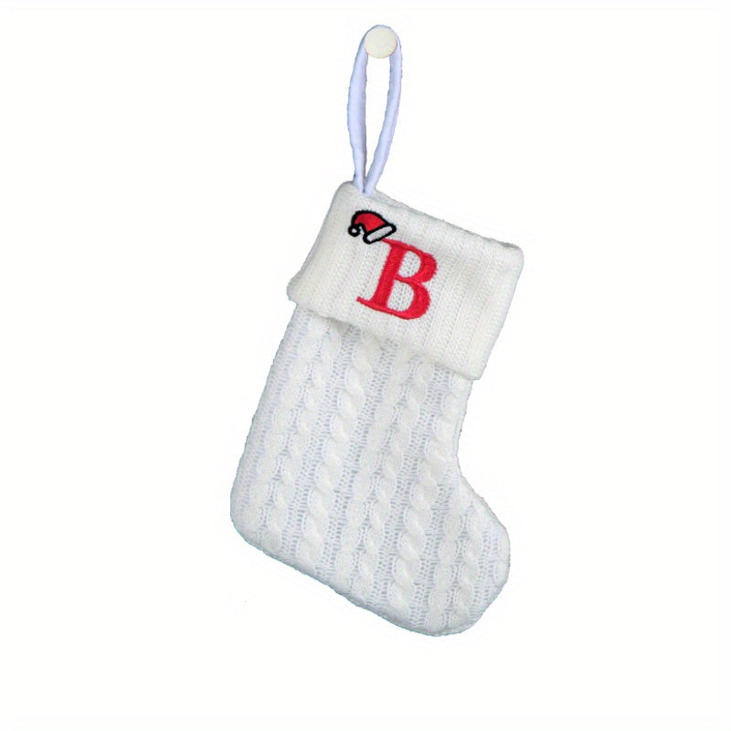 White cable knit stocking with embroidered 'F' - Ideal for indoor decor.