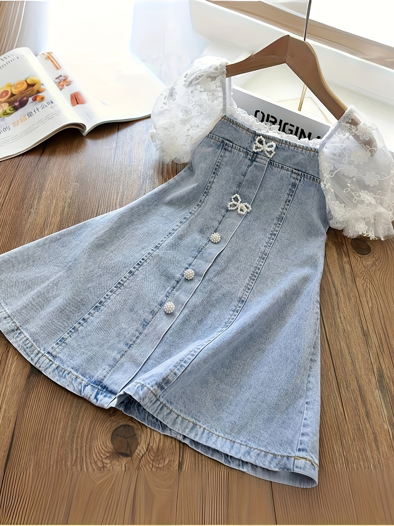 Kids' A-line denim dress with pearl bubble lace sleeves, butterfly details, and bow accent - made of polyester blend with spandex for slight stretch, perfect for summer (ages 12 and under)