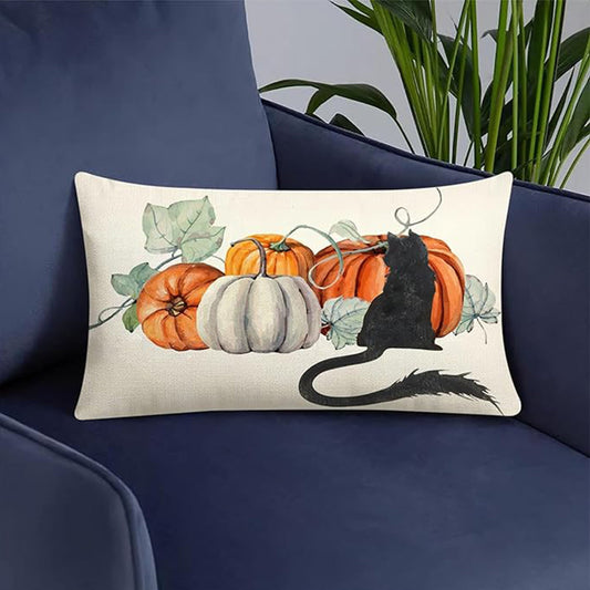 Elegant Autumn Pillow Cover featuring Watercolor Pumpkin & Black Cat Design, made from Linen Blend with Zip Closure, Easily Machine Washable - Ideal for Home Decor, 30.48x50.8 cm (Pillow Not Included), Great for Adding a Touch of Charm to Your Home Décor