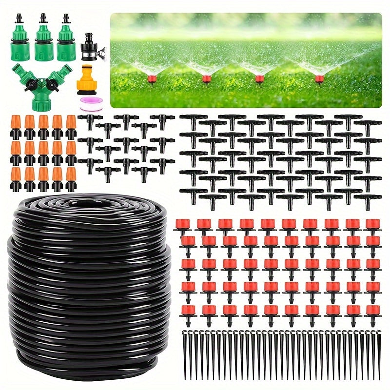 164ft adjustable drip irrigation kit for garden with 1/4" hose, misting nozzle, emitters, and fittings - automatic watering for patio and lawn care.