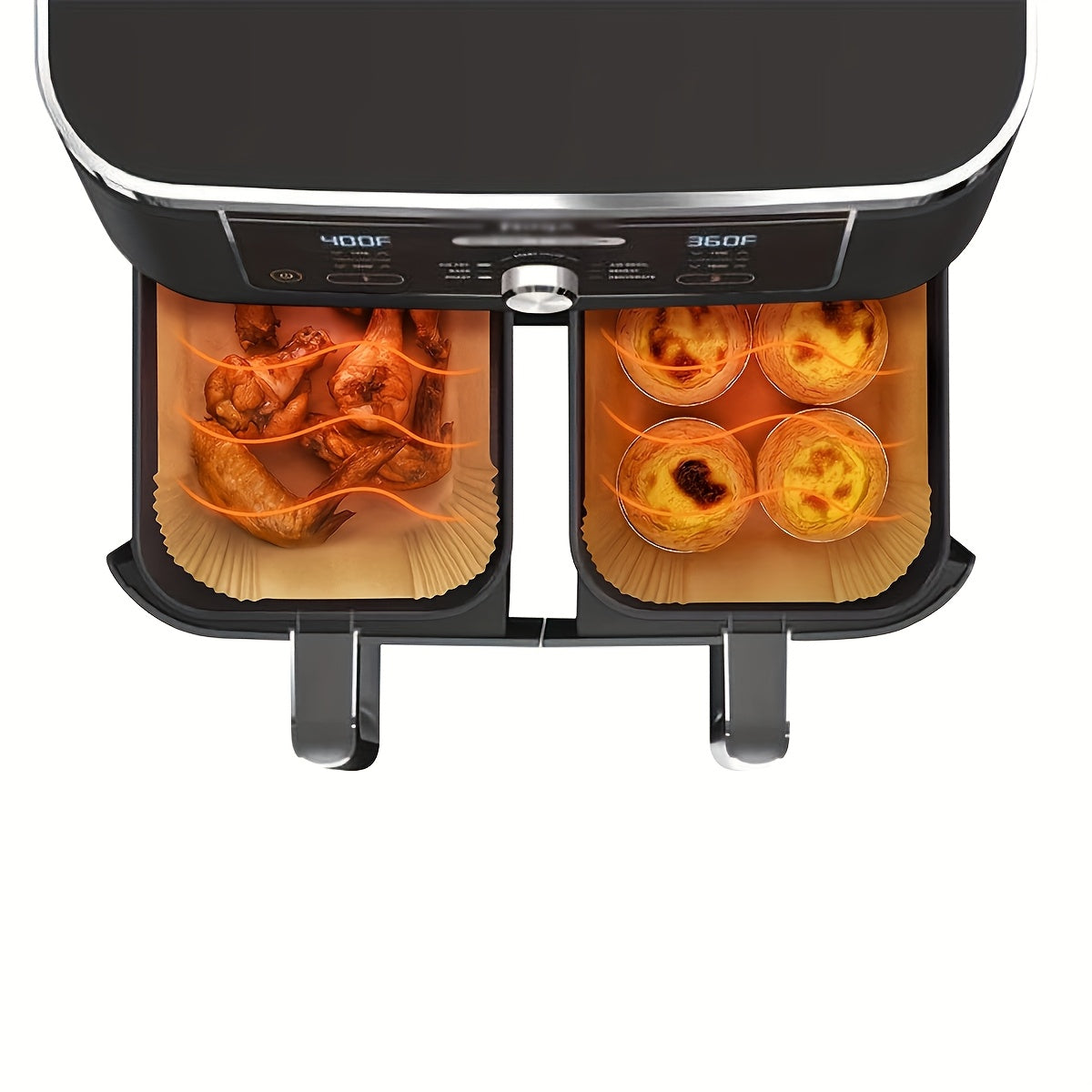 100/200 pieces of high-quality Non-Stick Air Fryer Liners made to withstand high temperatures, resist oil and water, and fit perfectly in dual basket air fryers. These easy-to-clean, food-grade liners are durable and reusable, making them ideal for home