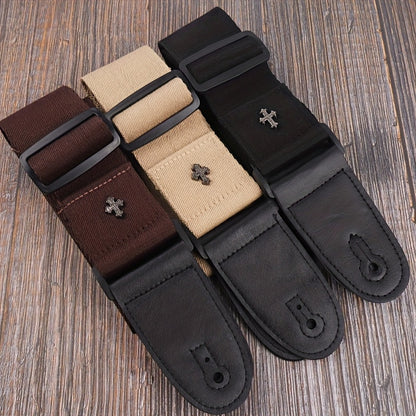 Embroidered Cross Guitar Strap - Adjustable shoulder strap for electric, bass, & ukulele - Available in black, coffee, khaki.