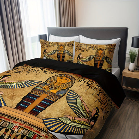 Ancient Egyptian Art Duvet Cover Set featuring 3 pieces – (1 Duvet Cover + 2 Pillowcases without Pillow Inserts). This high-quality bedding set boasts soft and breathable fabric with HD printing, perfect for bringing a touch of history and style to your