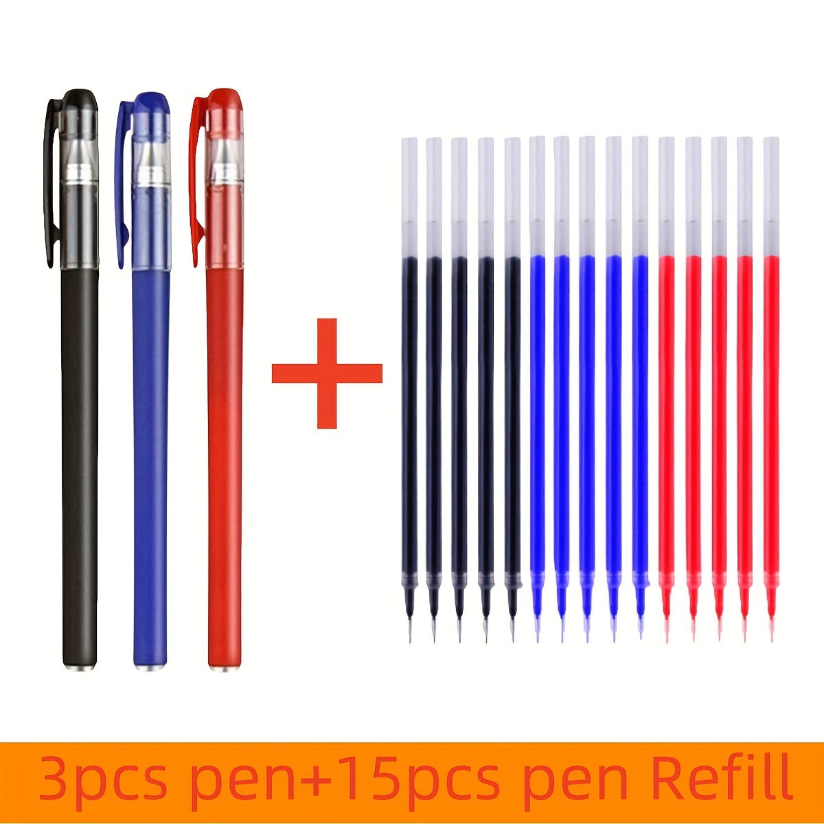 18-piece gel pen set in black, blue, and red ink colors with 0.5mm ballpoint tips, ideal for students and office use.