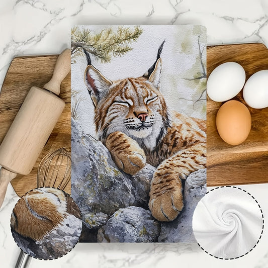 Set of 2 Ultra Soft Kitchen Towels featuring a Serene Lynx Resting on Rock Design, Perfect for Drying Dishes. Highly Absorbent & Machine Washable, Adds a Contemporary Coastal Decor Touch to Your Kitchen. Each Towel Measures 40.64x60.96 cm.