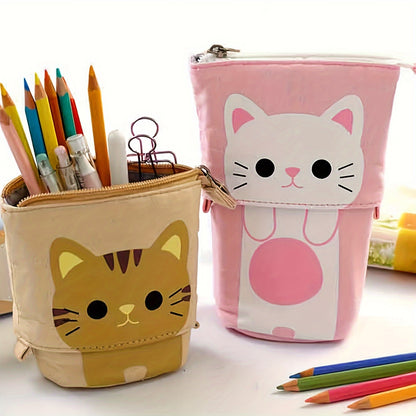 Canvas cat pencil case with zippered expandable design, 2-in-1 telescopic pouch for students.