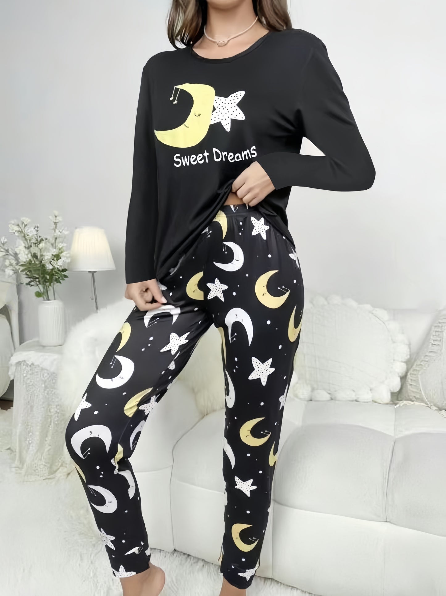 Women's loungewear set with moon and star print, long sleeve top, crew neck, elastic waistband pants