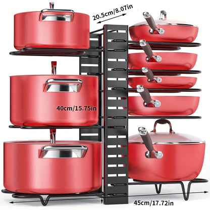 Adjustable 8-Tier Pot and Pan Organizer Rack for Kitchen Cabinets - Space-Saving Storage Solution, Available in Red & Black, Easy DIY Assembly.