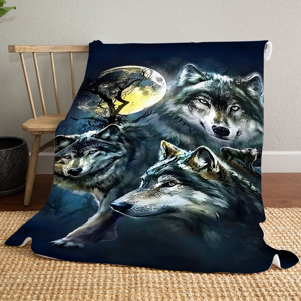 Soft and cozy Contemporary Wolves in Moonlight Design Flannel Fleece Throw Blanket, perfect for use on sofa, in the office, bed, camping, or while traveling. This multipurpose holiday gift nap blanket is made of knitted polyester, machine washable, and