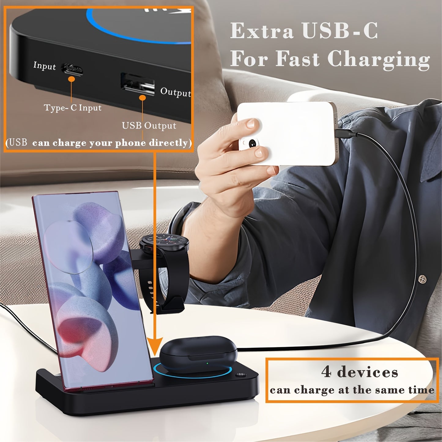 4-in-1 fast wireless charger compatible with Samsung devices and multiple android phones, includes LED night lights.