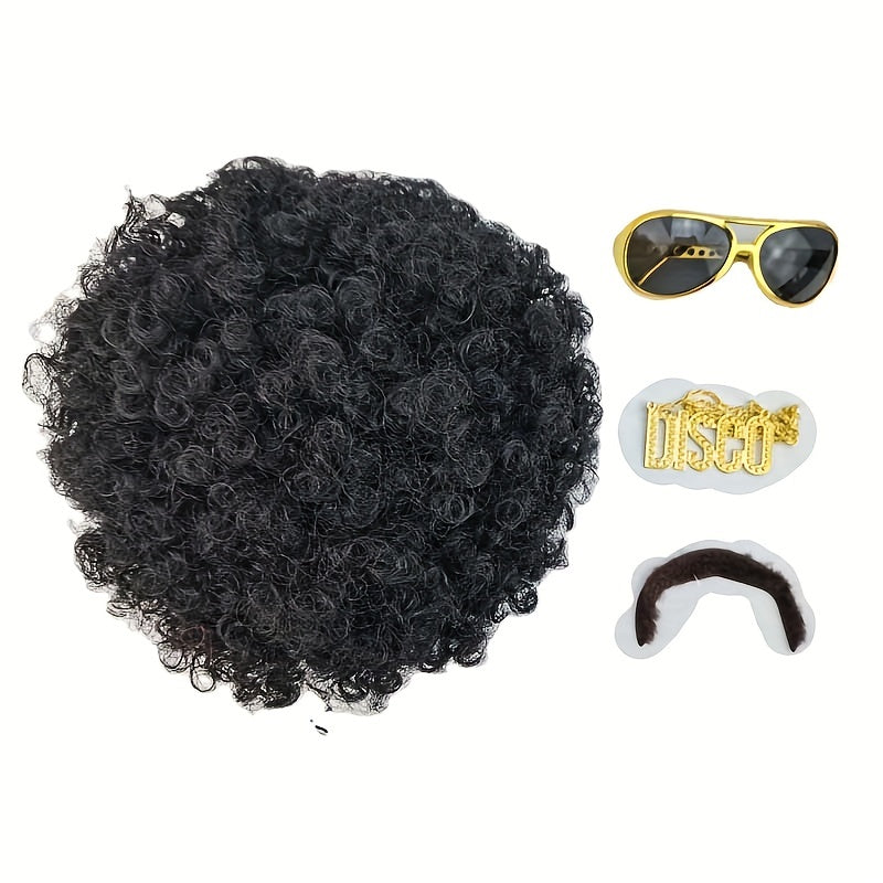 This 70s-themed men's 5-piece set includes a natural short black curly synthetic hair wig, glasses, necklace, beard, and wig cap. Perfect for Christmas parties or role-playing events, this set is great for gifting.