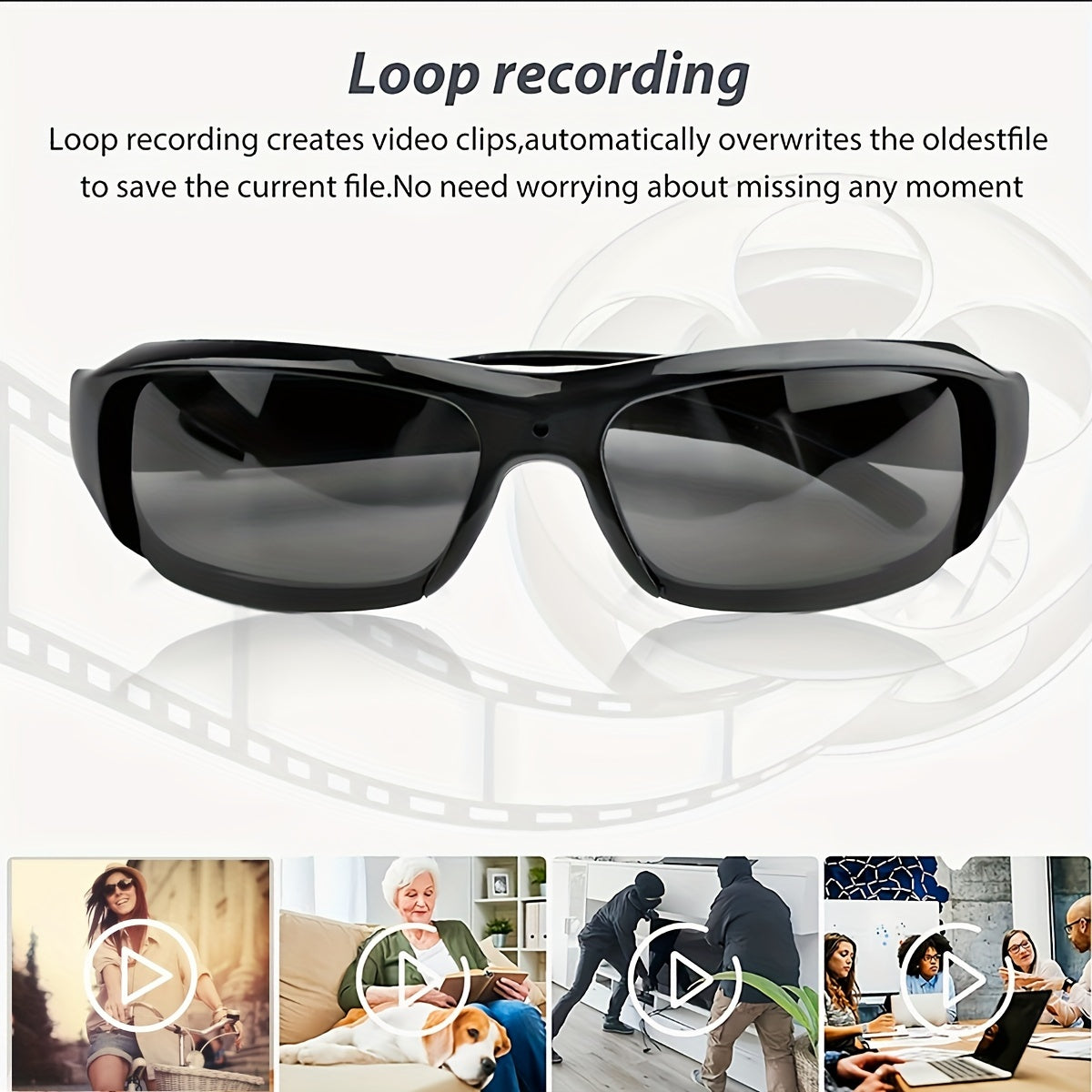 HD video glasses for sports & meetings, 1080P, 90-min battery, 75° wide angle, 64GB memory card included.