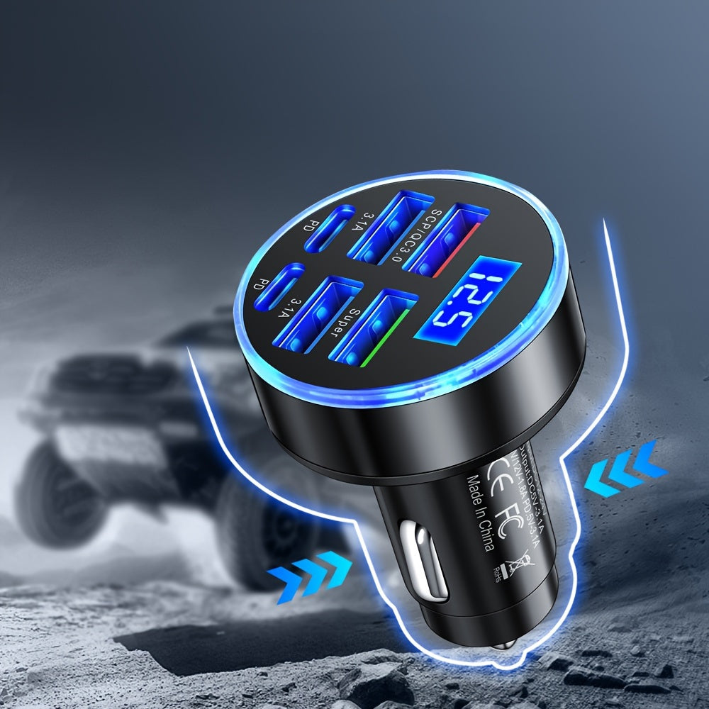 Hianda 6-in-1 USB Super Car Charger with LED Screen, Rapid Charging for 6 Phones