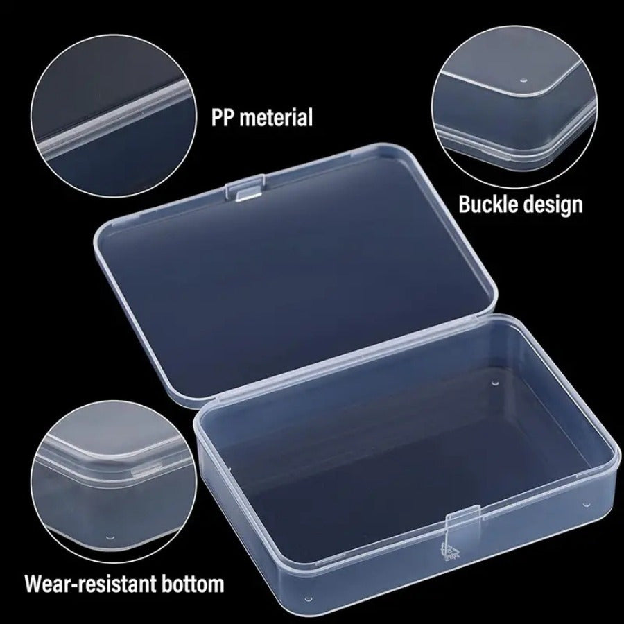 Durable clear plastic storage boxes with lids in 4 sizes for multi-use organizing.