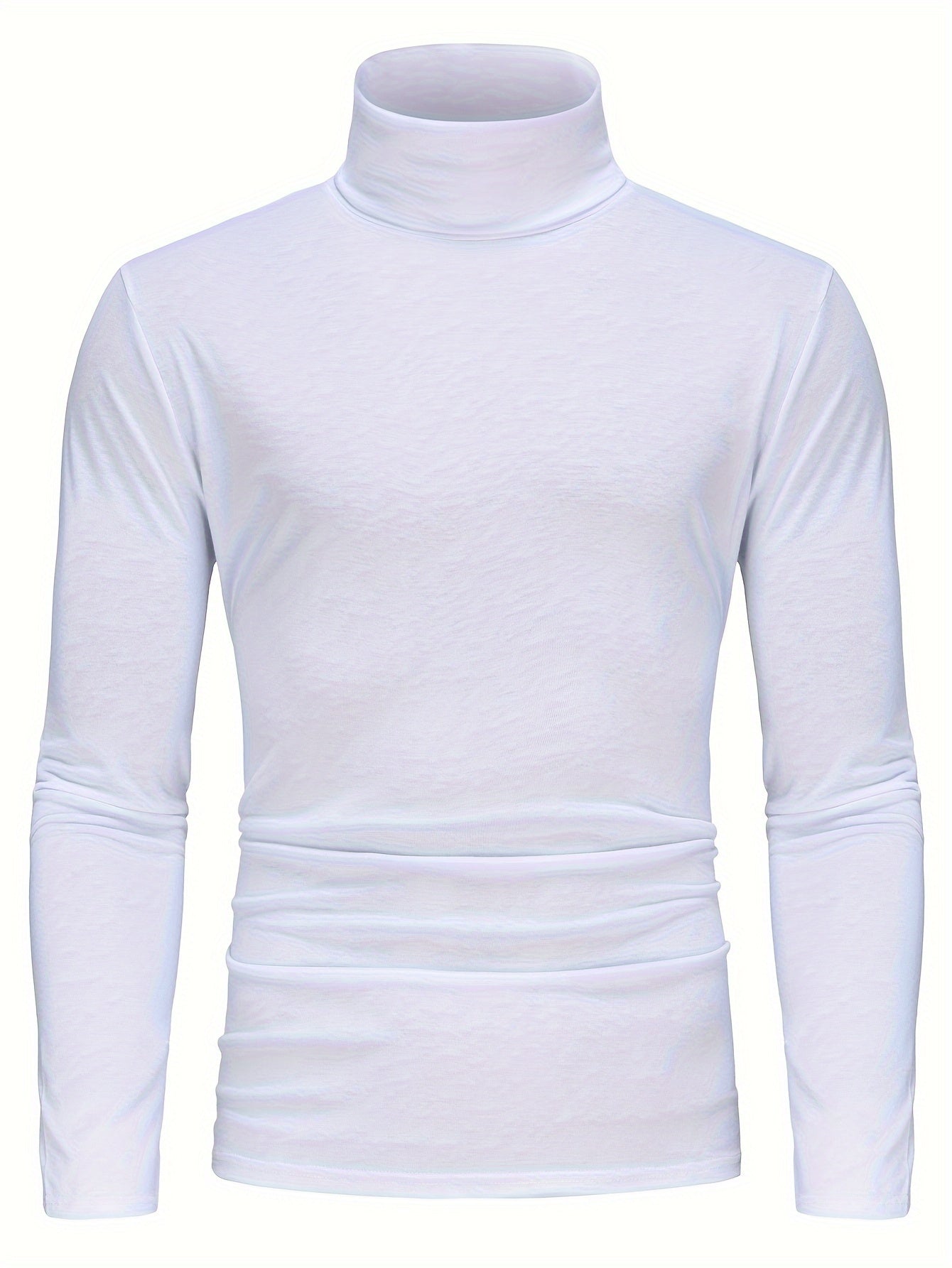 Three men's high neck long sleeve turtleneck t-shirts in solid color, made of polyester knit fabric with medium stretch, perfect for fall/winter.