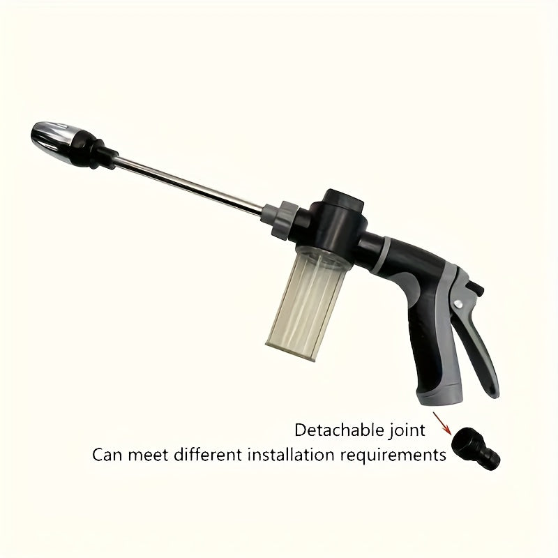 High-pressure foam gun with long handle and adjustable nozzle for cleaning, watering, and tire inflation. Includes foam cannon and pressure spray bottle.