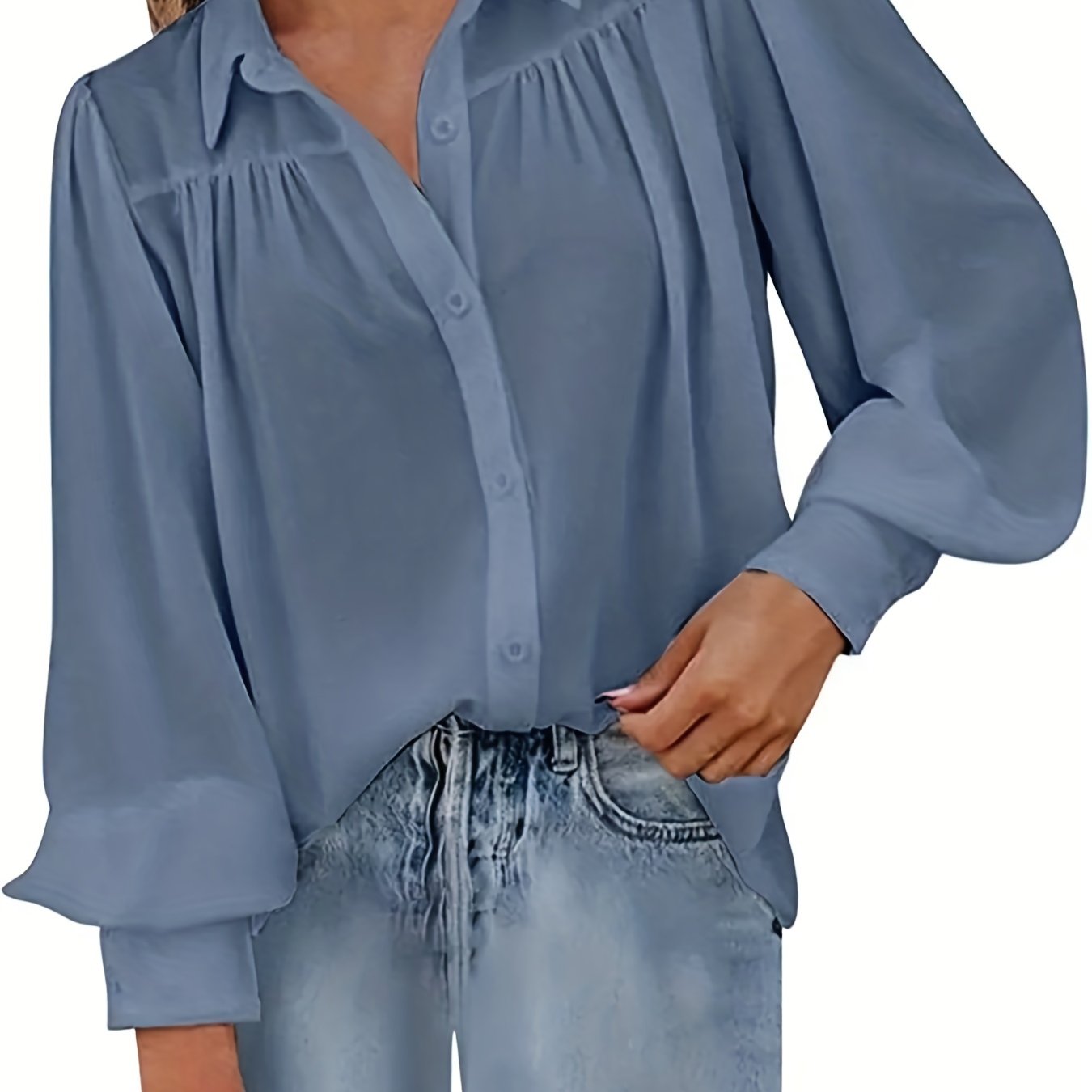 Plus-size button-up shirt with solid color, lapel, and long lantern sleeves.