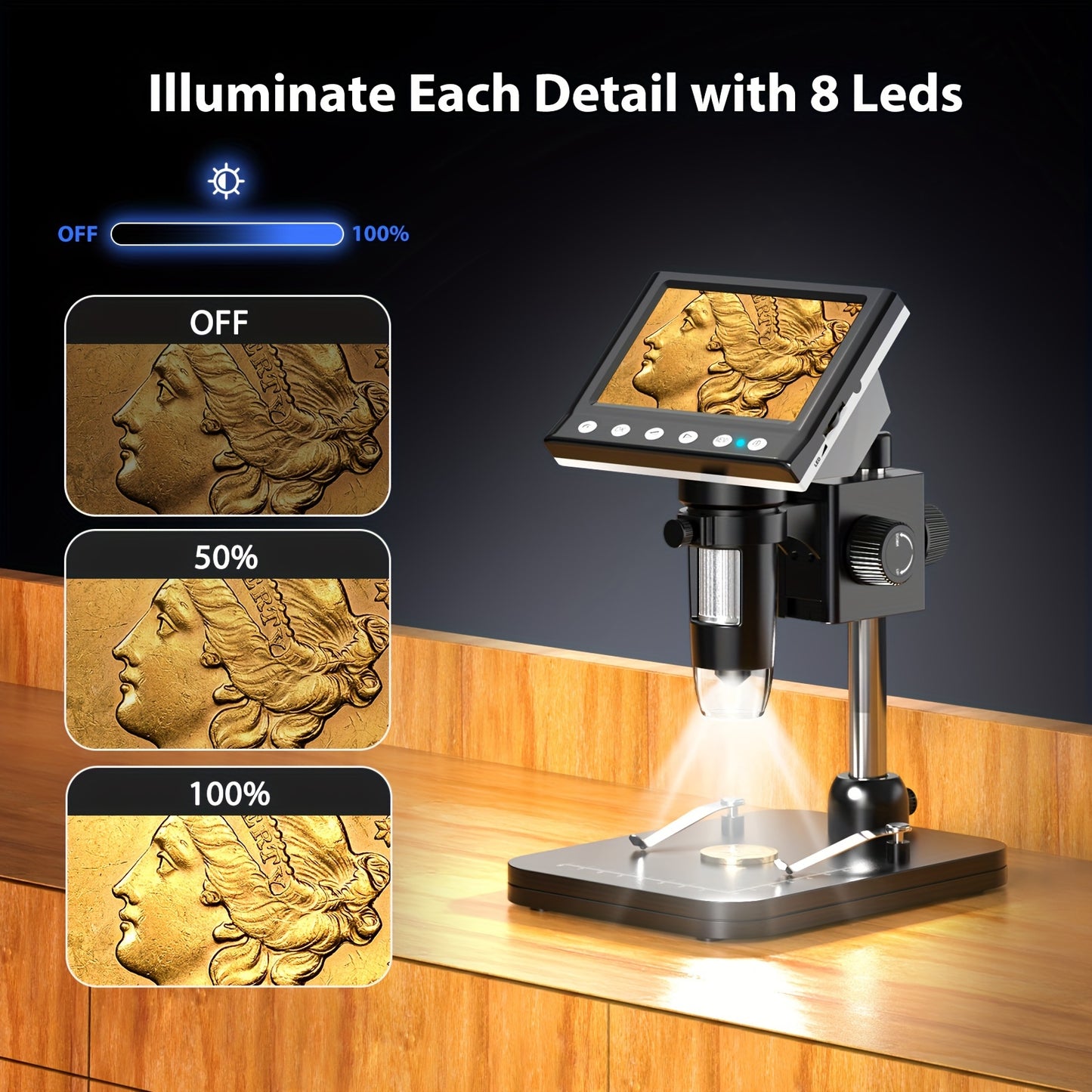 10.92cm Digital Microscope with 1000X HD 1080P resolution, 8 LEDs, and Windows compatibility for coin collection.