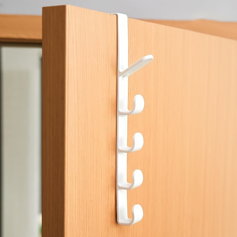 Simple, no-drill over-the-door hook for clothes and hats, with strong adhesive and space-saving design.