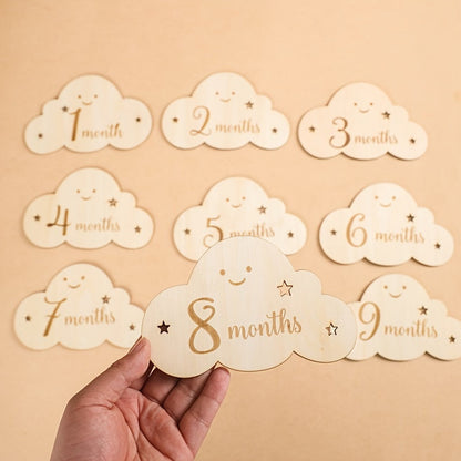 Set of 8 milestone cards, including monthly milestones, wooden birth sign, photography props, first year growth card, and pregnancy journey markers. Perfect for children's showers and photo sessions.