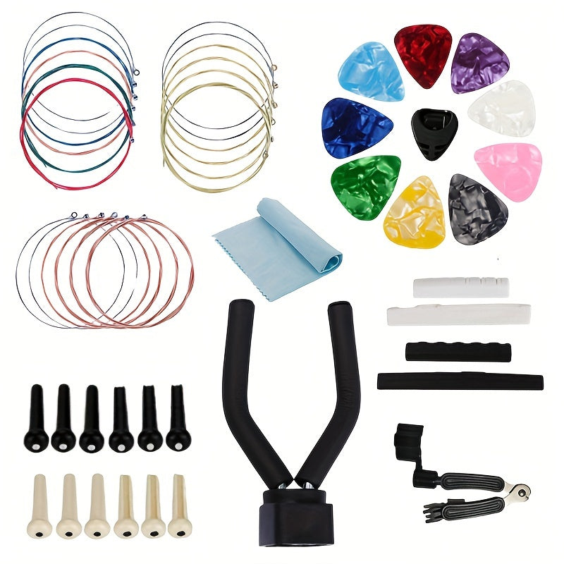 Popular guitar accessory set includes string pick adjustment clip and three-in-one string changing tool. Color of tuner combination is random. Designed for beginners.