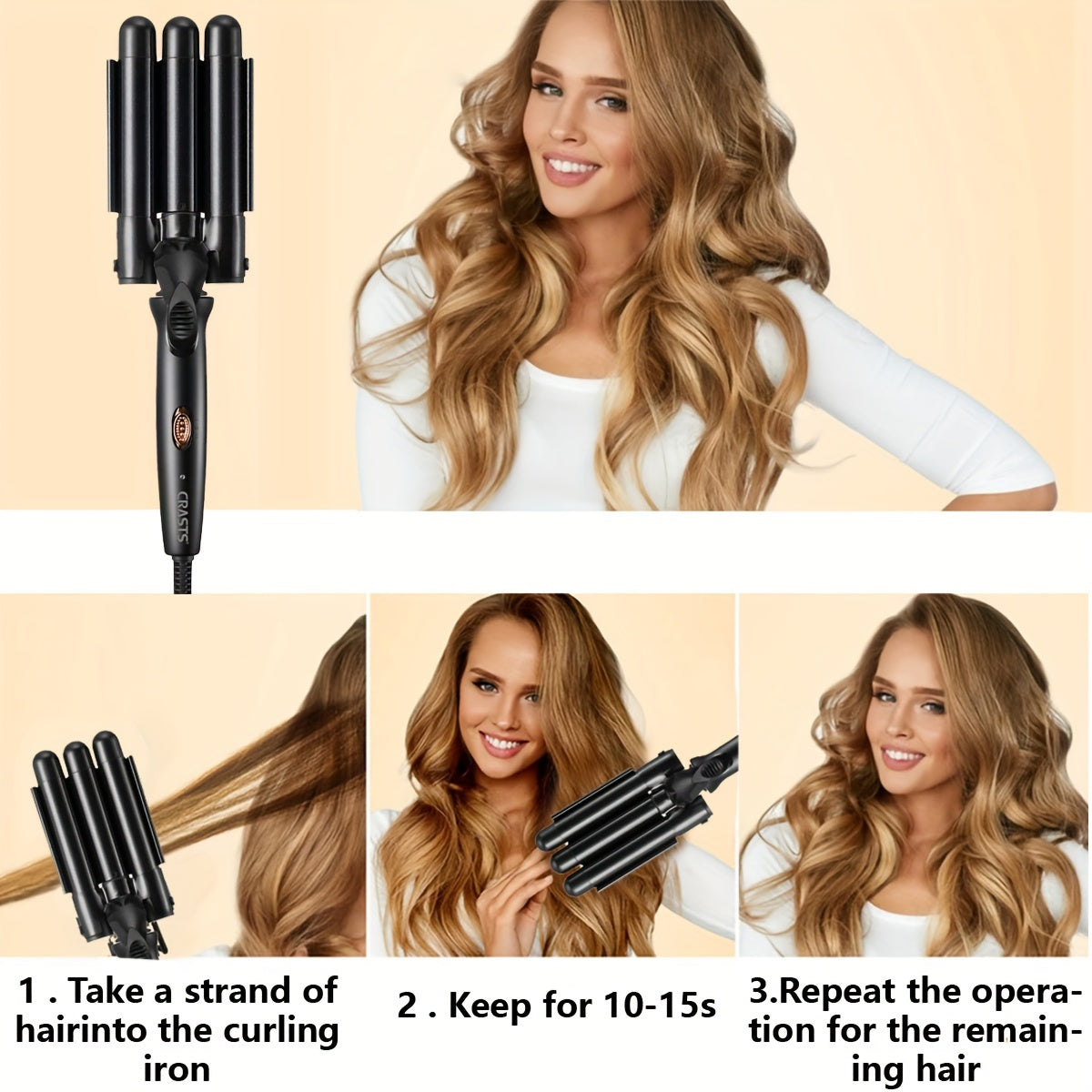 Three-barrel curling iron with temperature control for big waves and curls, creates water wave texture, black electric curler.