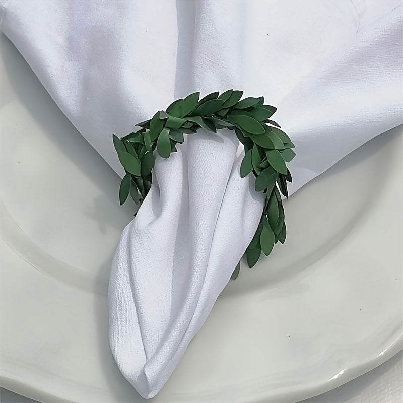 10 Green Leaf Rattan Shaped Napkin Rings for various occasions and table decoration, perfect for St. Patrick's Day festivities.