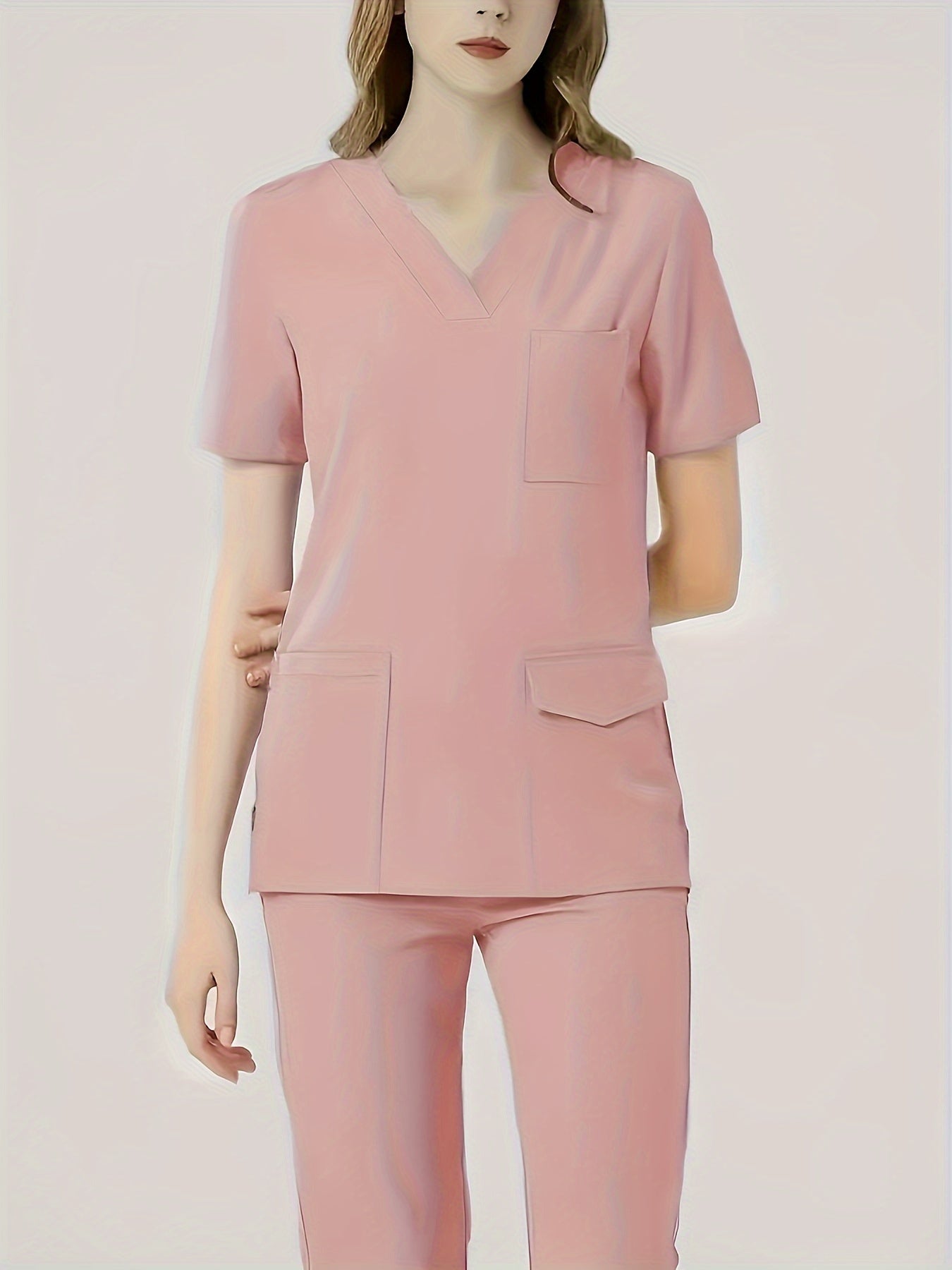 Women's two-piece healthcare uniform with a V-neck top, stretchy fabric, dental scrub gloves, functional pockets, and comfortable fit.