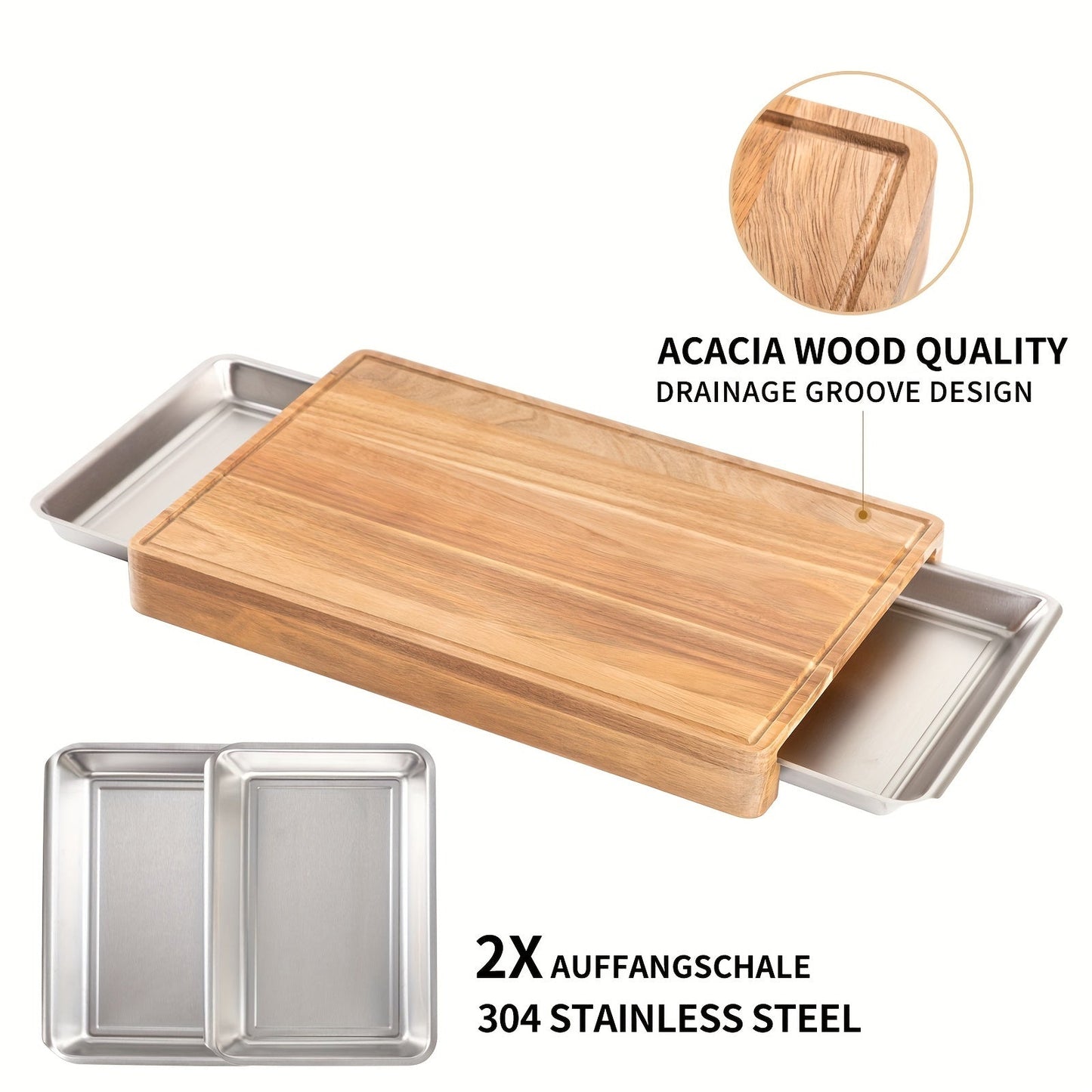 Large bamboo cutting board with integrated trays for easy food transfer, space-saving design, and non-slip surface. Features pull-out drawers for added functionality. Ideal for all your chopping and food preparation needs.