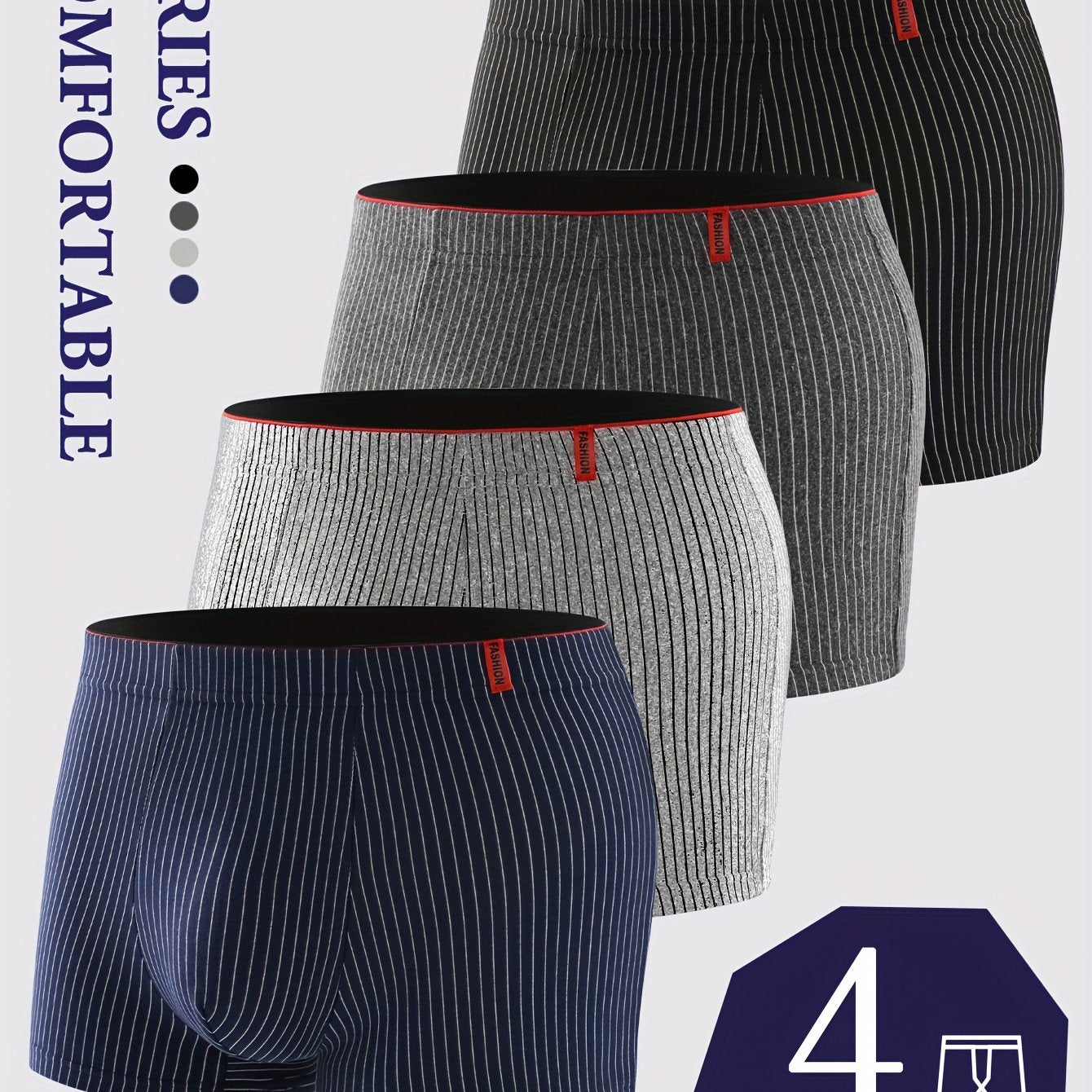 4-pack of men's striped boxer briefs made from a high-stretch polyester-spandex blend. Casual athletic underwear with elastane for a comfortable fit.