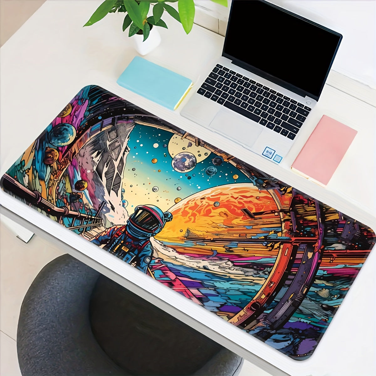 Large gaming mouse pad with a space theme, made of rubber with precision-locked edges. Washable and non-slip for computer eSports.