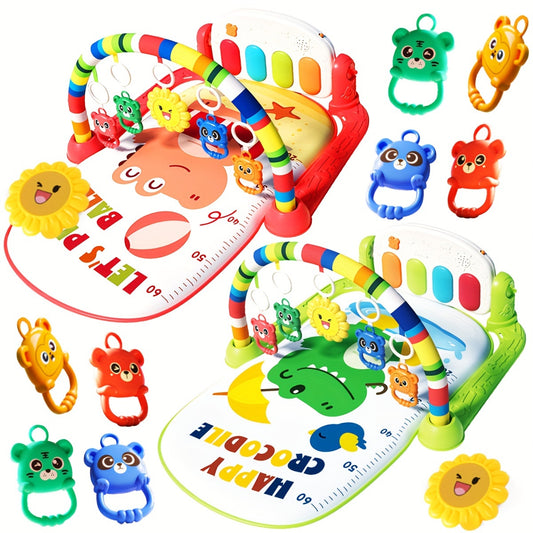 Interactive infant play gym with music and piano, educational play center for ages 0-3 years, assembly required, includes random color accessories. Perfect gift idea.