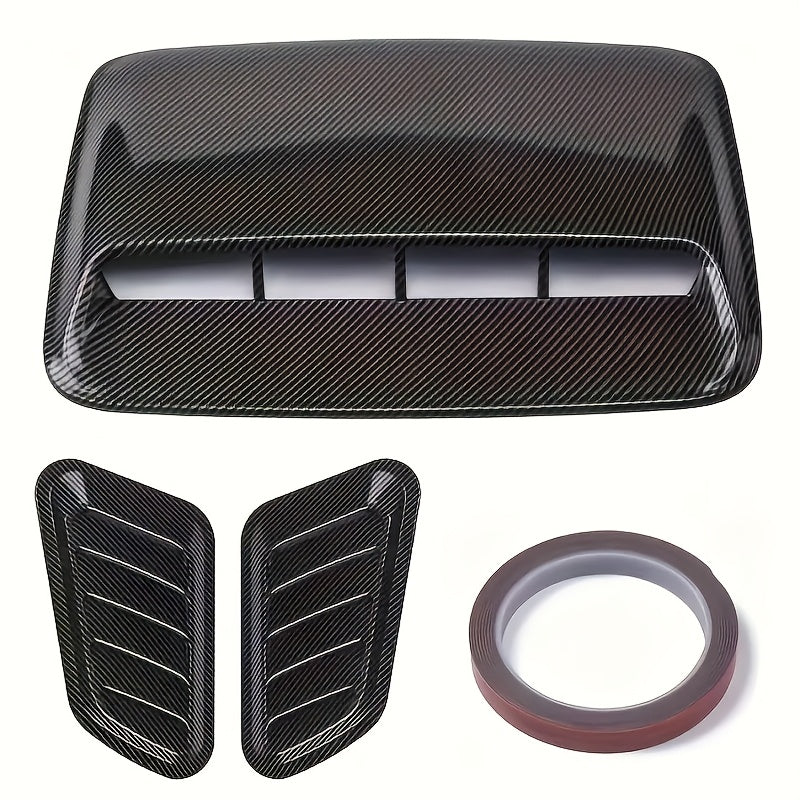 Set of 3 car hood ventilation scoops with polished plastic air outlet, front engine hood spoiler design kit for automotive exterior modification.