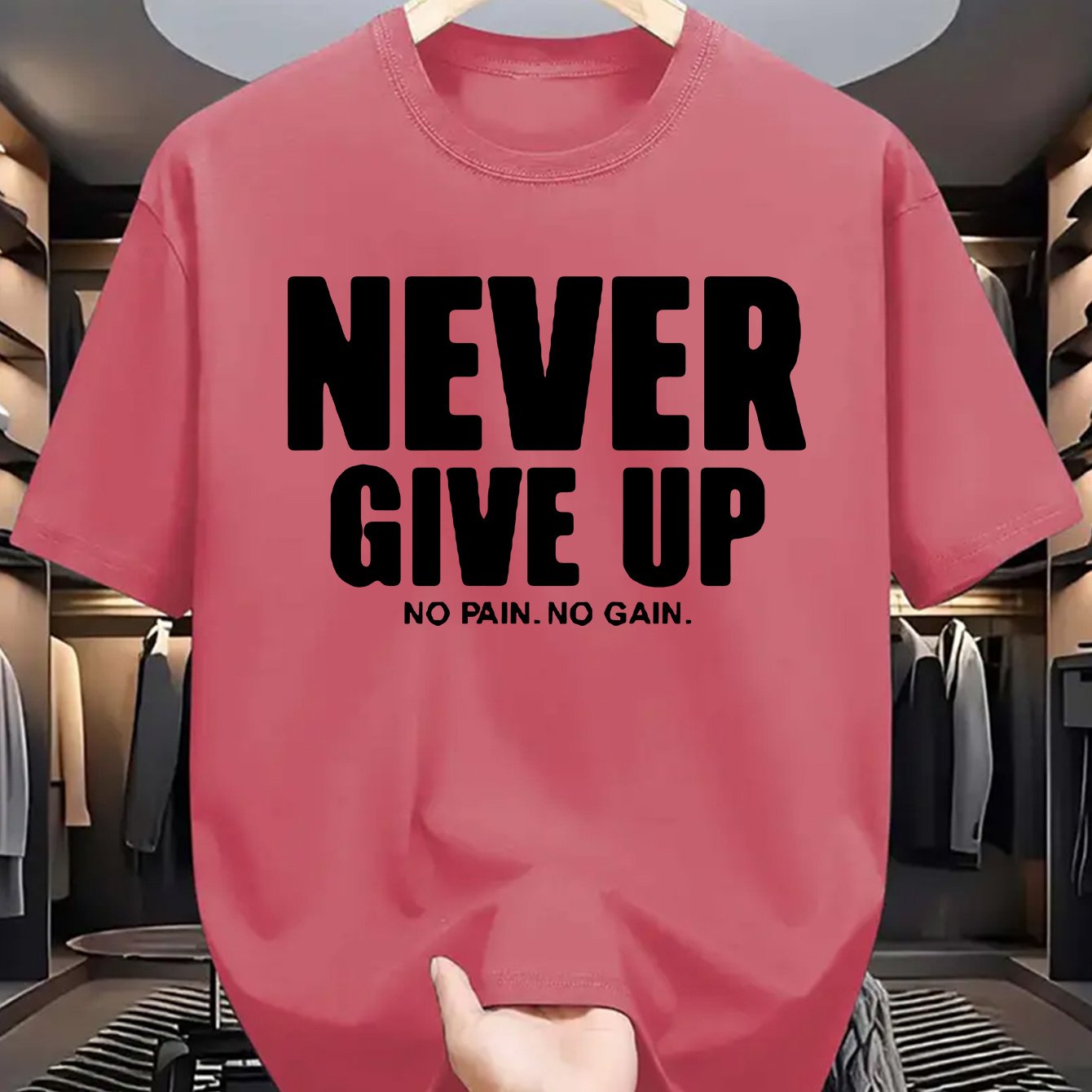 Men's casual crew neck t-shirt with "Never Give Up" print, made of polyester knit fabric with a slight stretch for a regular fit. Perfect for daily wear in summer with short sleeves.