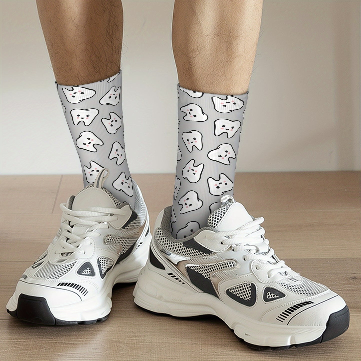 Novelty crew socks with 3D teeth print for all seasons- breathable and comfortable fit.