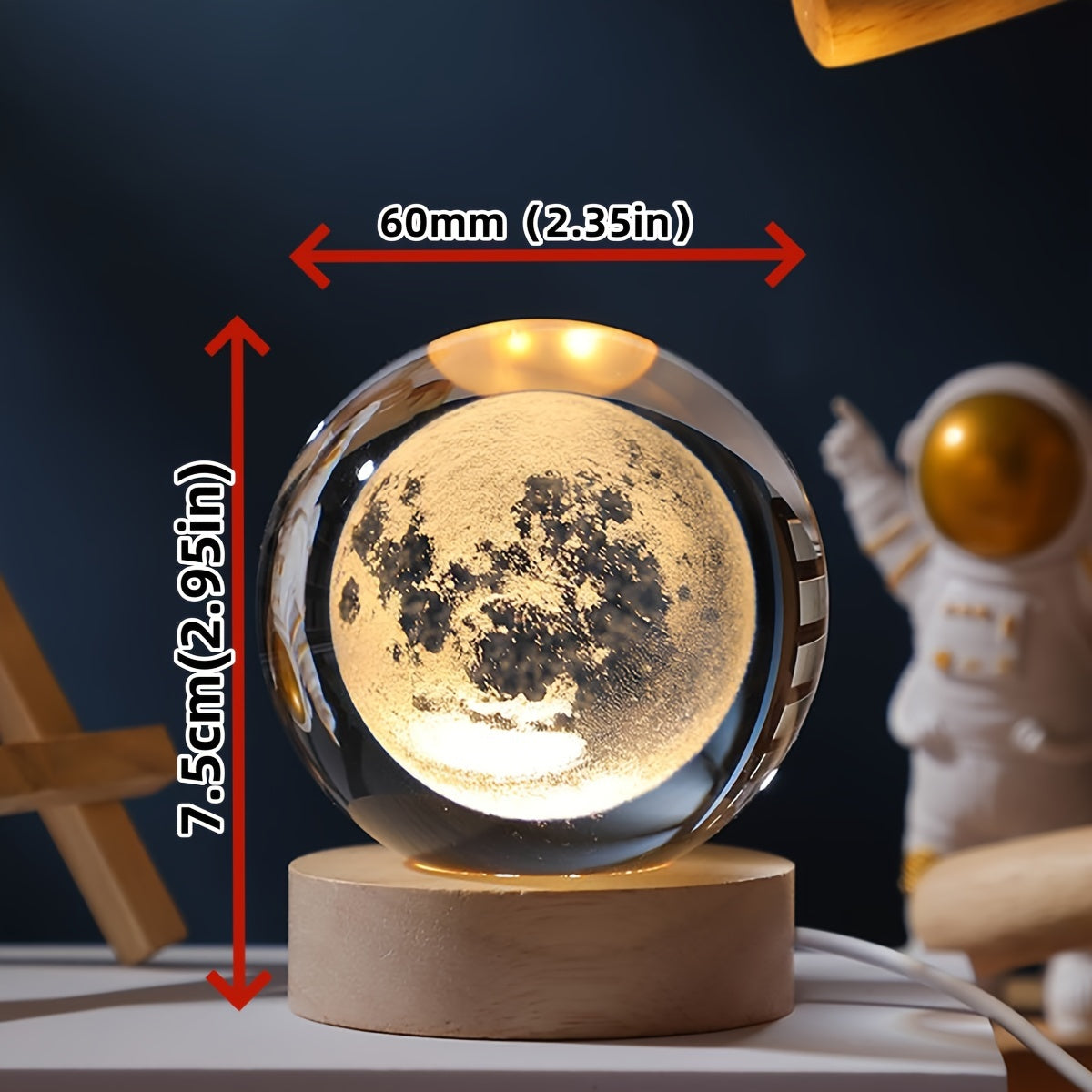 One 3D laser engraved crystal ball night light featuring the solar system and Saturn, powered by USB for home and office decoration, and makes a special gift for Valentine's Day, Christmas, or birthdays.