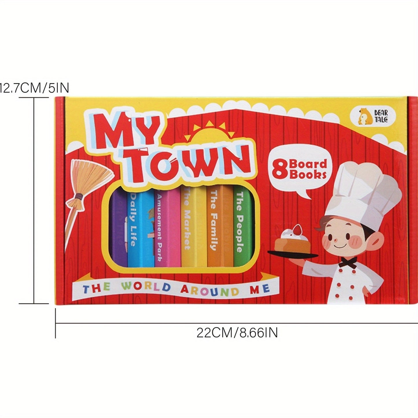 My Town: 8 board books for children, covering topics like amusement parks, cafeterias, families, homes, people, markets, and daily life. Perfect as a gift.